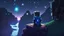 Placeholder: Minecraft Character, minecraft theme, purple starry sky, meditating, facing back, wearing gown, minecraft style, in between two cliffs,