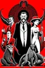 Placeholder: Woland, Behemoth, Korovjov characters from Mikhail Bulgakov’s The Master and Margarita, red background, black, white figures, bizarre, surreal by Jean Carlu