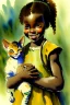 Placeholder: A cute smiling light brown skin african girl is holding a kitten. Watercolour