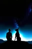 Placeholder: black background on a mountaintop and three sitting silhouettes of a fit man, a silhouette of a fit woman, and silhouette of a Belgian malinois sitting next to the men and the woman looking at the stars