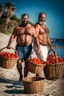 Placeholder: close up shot photography of two tired chubby muscular beefy hairy burly 39 years old ugly turkish carpenters, short beard, shaved hair, shirtless, manly chest, bulging white shorts, tired eyes, walking on the beach in the sun holding tomatoes baskets, big shoulders, side light, sweat and wet, ground view angle