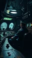 Placeholder: Captain sitting in a dark submarine control room , filled with cages and buttons and valve on the control dashboard paint it in the baroque style,