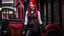 Placeholder: body portrait of a woman with straight shoulder-length red hair, with metal arms and legs, dressed in leather trousers, and a waistcoat, in a Victorian street next to a steampunk carriage, full colour