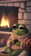 Placeholder: a tiny pepe the frog sipping tea wearing a cozy knit sweater by the fireplace