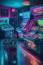 Placeholder: Beautiful pinball machines in a dark room with UV neon lights on the walls. Soft carpets on the floor, drinks in bottles and glasses on small tables