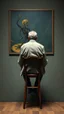 Placeholder: Bosch painting style a rear of view of an old man sitting on a high chair facing a a surrealism picture of Dali time on the wall , show from the back of the picture in 3D
