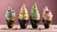 Placeholder: A set of ice cream cones featuring unusual flavors like black sesame, matcha with white chocolate pearls, and rose with pistachio shards. Each cone is topped with a decorative, edible gold leaf and served in a handcrafted ceramic holder. Ultra Realism, beautiful intricate insanely detailed octane render, 5d, 16k, artistic photography, perfect light, chiaroscuro, award-winning photograph, masterpiece, rule of thirds, 35mm lens, adjust perspective