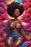 Placeholder: A sassy pop punk futurism art cartoon of a black female lounging lazily on her side, surrounded by colorful roses flower petals. Looking up coyly, she grins widely, showing teeth. Highly detailed black afro , regal expression.