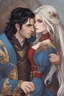 Placeholder: A couple from the dnd game curse of Strahd. The woman has long white hair and blue eyes, the man has LONG BLACK hair and red eyes, no facial hair. KISSING