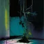 Placeholder: Minimal abstract oil painting of a plant in concrete neon warehouse brutalist architecture and hanging wires illuminated at night. With triadic colours. In the style of Justin Mortimer and Phil Hale, Ashley Wood