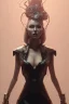 Placeholder: Mari Blanchard in black leather gown, evil,energetic, villain, busty, cleavage, curvy, angry, happy, stern look. character design by cory loftis, fenghua zhong, ryohei hase, ismail inceoglu and ruan jia. unreal engine 5, artistic lighting, highly detailed, photorealistic, fantasy