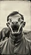 Placeholder: An old picture style of black and white mono very bad quality looks very old camera picture with cracks of a man with a smiling snake Face ,the year 1900 in the background from a distance dinosaurs