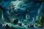 Placeholder: A dark blue underwater reef with sunken pirate ships painted by Paul Cezanne