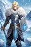 Placeholder: 1 anime man. warrior, with blue eyes and blonde hair man in silver Viking armor with fur around the neck with blue crystal on his chest, standing in water in the artic, holding a ice sword and shield, warrior in, anime style