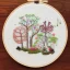 Placeholder: exquisite whimsical forest in embroidery hoop, intricate, highly detailed, linen and wood backdrop