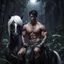 Placeholder: Hyper Realistic shirtless handsome muscular prince with short black hair sitting on a black horse with white hair in a dark jungle with big growling crystals at a dark night