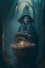 Placeholder: portrait of witch with shiny basket, prehistoric forest, trending art, 8k, depth of field, volumetric fog