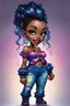 Placeholder: vibrant psychedelic comic book image, airbrush, 48k, cartoon art of a chibi curvy black female wearing torn jeans pants and a sapphire tie dye off the shoulder blouse. Prominent make up with lush lashes. Highly detailed sleek wavy ponytail