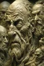 Placeholder: sculpture of a old man , Multiple faces . decayed and rotting with grotesque proportions and imagery. abstract grotesqueries, detailed texture, surreal horror, biomechanical design, by hr giger and beksinski