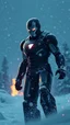 Placeholder: a ironman in snow, dark, black, cinematic, hyper detailed, high quality , 16K illustration, snow, fire