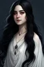 Placeholder: a 16 year old woman, white skin, long wawy black hair, beautiful face, black eyes, round body, in a white dress, realistic epic fantasy style