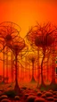 Placeholder: A garden of wired out of this world trees with light orange sky in style surreal