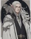 Placeholder: a young High Elf frost Wizard with long wiry hair, wearing a black trimmed white nobleman's robe and frost ornaments on clothes, with a small weasel on his shoulder