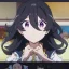 Placeholder: Clear focus, High resolution,a anime kid, roughline skecth, cute, cartoony style,interesting hair between eyes,black hair,, fluffy hair,long bangs,purple eyes, front view, anime screencap,