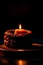 Placeholder: candle with brown color and texture of down jacket standing on a stone plate. Dark background. Realistick.