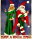 Placeholder: two elves. woman and man. stand apart. Christmas scene. poster. marvel comic.