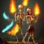 Placeholder: a flaming skeleton lord with a green flaming sword and a girl laying under his feet