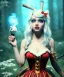 Placeholder: Ultra realistic wonderland photo, hot, happy blonde Alice woman and white rabbit smoking a pipe, blue dress, circus dress style, black headband with bow, old school tattoo, smoke, marijuana garden, glow eyes, perfect iris, soft color, highly detailed, unreal engine 5, ray tracing, RTX, lumen lighting, ultra detail, volumetric lighting, high definition.