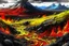 Placeholder: acidic soil in anime style with lava and mountains , red white yellow black colors , magic the gathering style, hyper realistic style