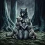 Placeholder: an anthropomorphic female wolf hibrid hugs with paws her two anthropomorphic wolf-kid hibrid child on field, in background tall trees wirh big trunks, rain, down on blue-green moss, hug each other , rainy day, high contrast, high detalied, atmospheric, fantasy, sci-fi mood