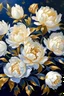 Placeholder: painting of white small Peonies flowers with gold flowers in center of canvas dark blue background