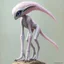 Placeholder: extraterrestrial being, female, bipedal, otherworldly, pastel pink fur-covered skin, large lavender eyes, long feathery tail, alien, intricately designed, highly detailed, Greg Rutkowski