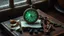 Placeholder: A tarnished silver pocket watch sits atop a book bound in distressed leather. The watch's intricate filigree has faded with the passage of time, its dial cracked and frozen at 11:59. A faint, eerie green glow emanates from inside the cracks. Scattered around the clock are scattered objects: A crumpled note with illegible scribbles Several pieces of blackened candles A tarnished brass key The scene is dimly lit, as if illuminated only by moonlight filtering through a dusty window. Shadows creep a