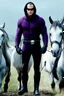 Placeholder: Movie Poster - ((("THE PHANTOM"))), extremely thick, muscular, 6'6'' 18-year-old Billy Zane with extremely exaggerated muscles as the Phantom, long-sleeved, textured, padded purple cotton bodysuit with skintight, formfitting textured purple cotton cowl with ((black eye mask)) and widow peak, black gloves and wrist gauntlets, black boots, double holstered utility belt, skull-shaped belt buckle, glowing, white eyes, standing next to his white horses, captured in a breath-taking explosion of color,