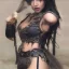 Placeholder: arab girl warrior jade feathers sexy black hair deep cleavage ornate metal armour