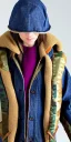 Placeholder: Image shows wholly a Brunette. average body type. Mantle is sewed of recycled Denim and sewed together of camouflage pieces. Camouflage colors are orange,terracotta, cream and purple. Cream latex gaiter. Big bright purple/khaki felt tippet and cream or blue or lilac colored-hood. mantle is merged with satchel. . AKG-style headphones (gold rings!) is merged with small felt cap with small visor. Style: Haute Couture in 1936, Paris fashion in 2023, inspired by street art.