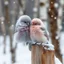 Placeholder: close up of a fluffy adorable light purple bird closely snuggling up against a light pink fluffy bird on a rustic wooden fence post during a snowstorm, intricate feather textures, birch trees in background, high shutter speed nature photography, sharp feather texture and coloring, soft winter light filtering, ambient shadows, cool color palette, by Andy Kehoe