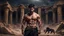 Placeholder: Hyper Realistic Handsome Muscular Shirtless Young-King-with short-black-hair-&-Beard standing with Black-Lion-with-horns-on-his-head inside a ruins of a lost-city between a desert at dark night with dramatic & cinematic ambiance