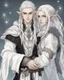 Placeholder: a young High Elf frost Wizard with long wiry hair, wearing a black trimmed white nobleman's robe and frost ornaments on clothes, with a small weasel on his shoulder