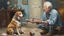 Placeholder: A hyper-realistic oil painting of a whimsical scene where a dog is engaged in deep conversation with an elderly man