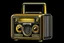 Placeholder: cartoon brown and yellow colored vintage radio. The background is pure black.