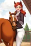 Placeholder: In a realistic, non-anime, cartoon style like: body shot of 40-year old chubby redhead with thick red lips and smoky eyes with long lashes who looks a lot like Jewel DeNyle. She is wearing equestrian attire with tight white pants.