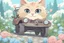 Placeholder: a cute proud chibi fluffy beige cat driving a car made of flower buds: roses, forget-me-nots, hydrangeaes on a cobblestone road in a forest next to a pond in sunshine