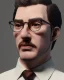 Placeholder: man in round glasses, wavy hair, slim, tie, two tone colours, detailed, realistic, handsome, square jaw, big brows, bird on the shoulder, spotlight