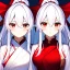 Placeholder: Clear focus, 8k, beautiful lighting, vibrant colors, girl, white hair, long hair, vibrant red eyes, miko, ponytail, same twins, white hair, red eyes, same clothes,