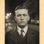 Placeholder: very grainy discolored modent photo, closeup portrait, dark night street, grunge, male with chalk-white skin, 1910's gentleman